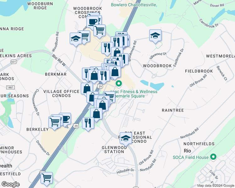 map of restaurants, bars, coffee shops, grocery stores, and more near 416 Albemarle Square in Charlottesville