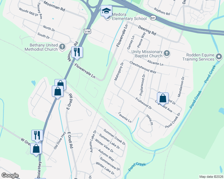 map of restaurants, bars, coffee shops, grocery stores, and more near 11904 Pierce Way in Louisville