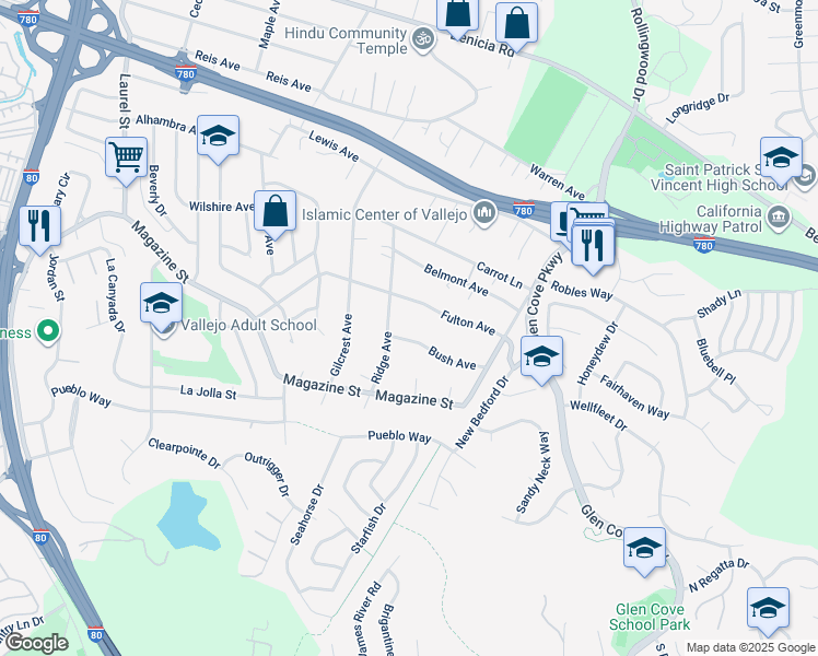 map of restaurants, bars, coffee shops, grocery stores, and more near 1118 Bush Avenue in Vallejo