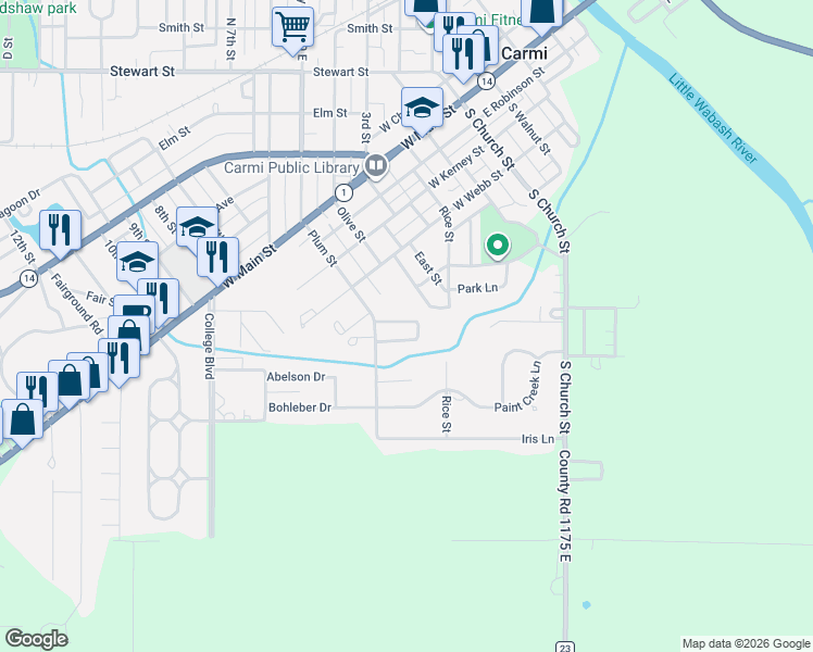 map of restaurants, bars, coffee shops, grocery stores, and more near 414 William Drive in Carmi