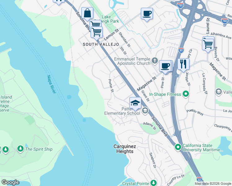 map of restaurants, bars, coffee shops, grocery stores, and more near 969 Porter Street in Vallejo