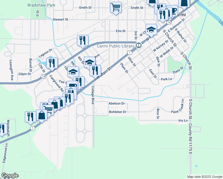 map of restaurants, bars, coffee shops, grocery stores, and more near 713 Renshaw Avenue in Carmi