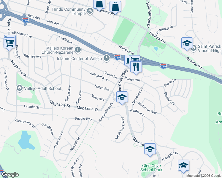 map of restaurants, bars, coffee shops, grocery stores, and more near 813 Glen Cove Road in Vallejo