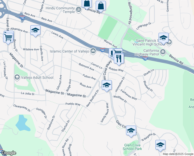 map of restaurants, bars, coffee shops, grocery stores, and more near 813 Glen Cove Road in Vallejo