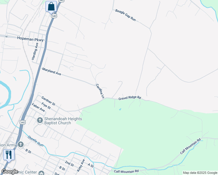 map of restaurants, bars, coffee shops, grocery stores, and more near 17 Carolina Lane in Waynesboro
