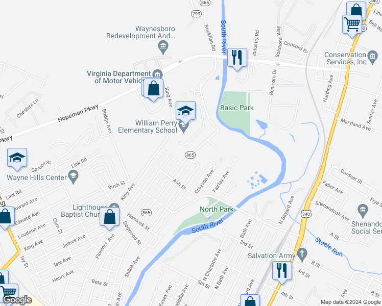 map of restaurants, bars, coffee shops, grocery stores, and more near 915 State Route 865 in Waynesboro