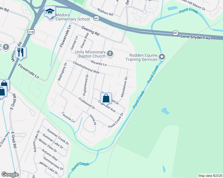 map of restaurants, bars, coffee shops, grocery stores, and more near 11708 Brackenberry Court in Louisville