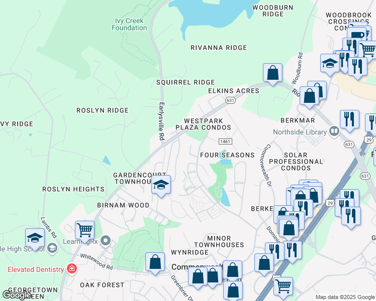 map of restaurants, bars, coffee shops, grocery stores, and more near 36 Spring Court in Charlottesville