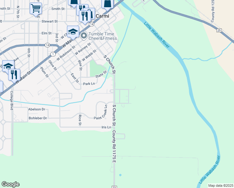map of restaurants, bars, coffee shops, grocery stores, and more near 600-610 Evergreen Lane in Carmi