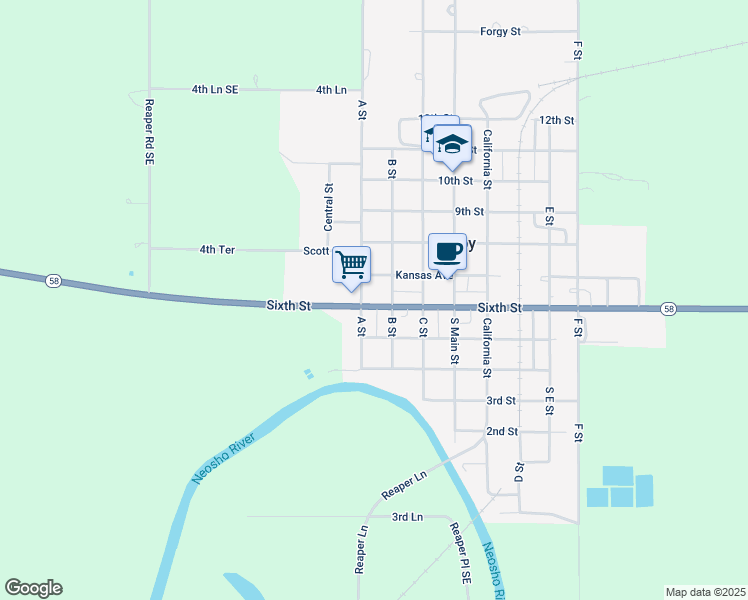 map of restaurants, bars, coffee shops, grocery stores, and more near 101 Sixth Street in LeRoy