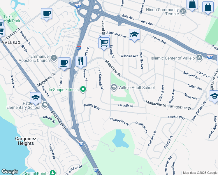 map of restaurants, bars, coffee shops, grocery stores, and more near 431 Del Sur Street in Vallejo