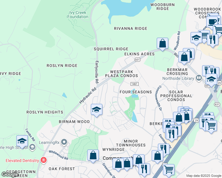 map of restaurants, bars, coffee shops, grocery stores, and more near 4 Spring Court in Charlottesville