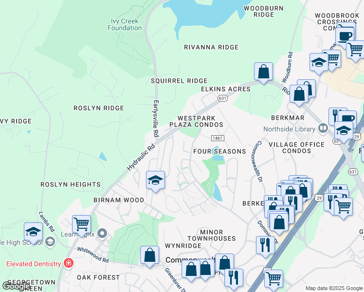 map of restaurants, bars, coffee shops, grocery stores, and more near 28 Spring Court in Charlottesville