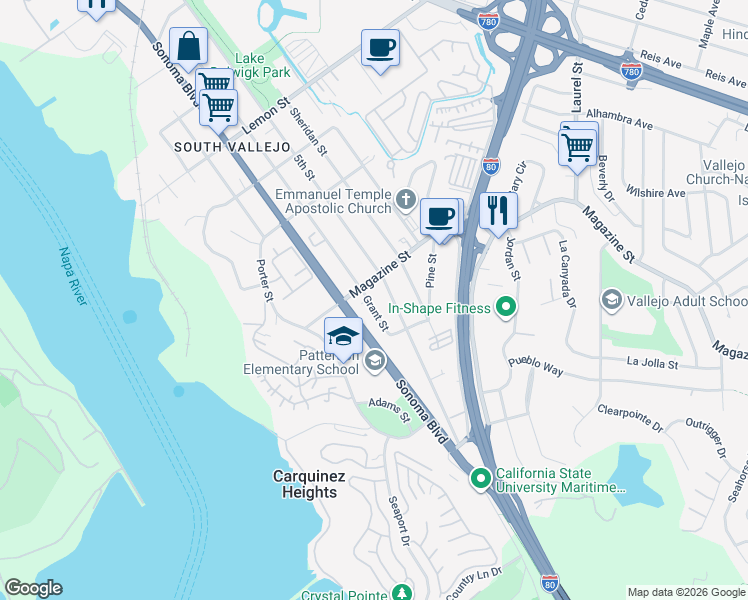 map of restaurants, bars, coffee shops, grocery stores, and more near 1018 Grant Street in Vallejo