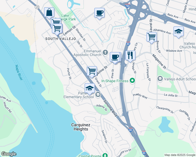 map of restaurants, bars, coffee shops, grocery stores, and more near 1018 Grant Street in Vallejo