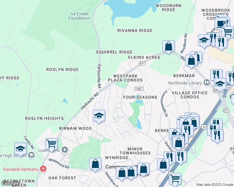 map of restaurants, bars, coffee shops, grocery stores, and more near 19 Spring Court in Charlottesville