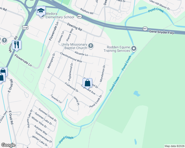 map of restaurants, bars, coffee shops, grocery stores, and more near 11708 Brackenberry Court in Louisville