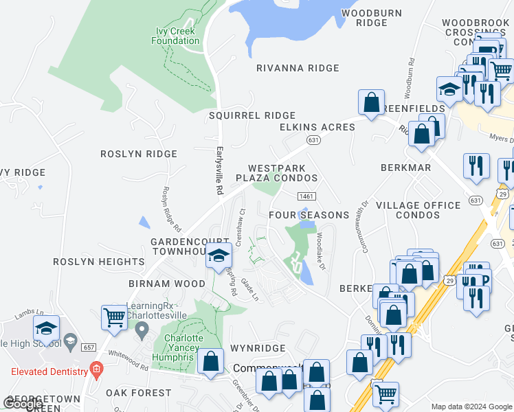 map of restaurants, bars, coffee shops, grocery stores, and more near 4151 Cypress Pointe Drive in Charlottesville