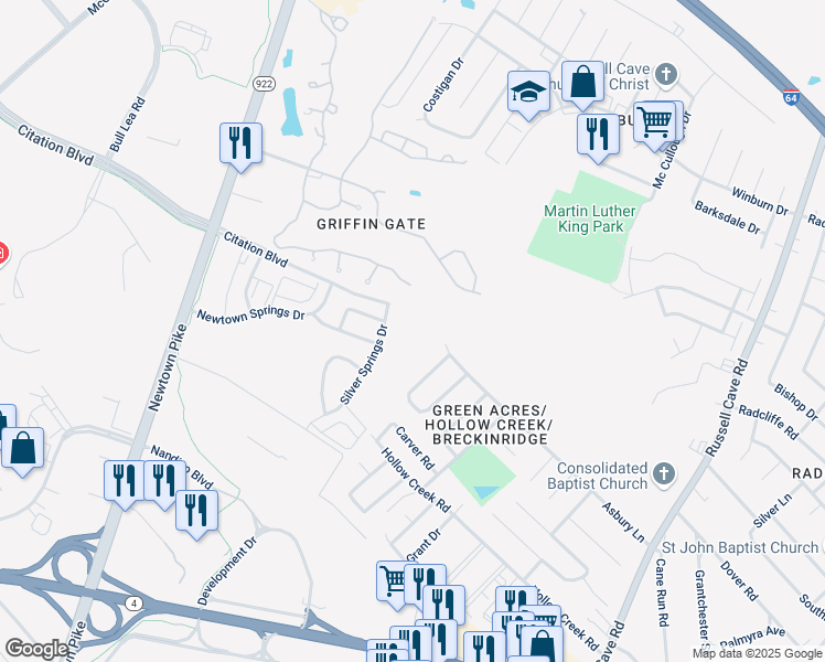 map of restaurants, bars, coffee shops, grocery stores, and more near 1376 Silver Springs Drive in Lexington