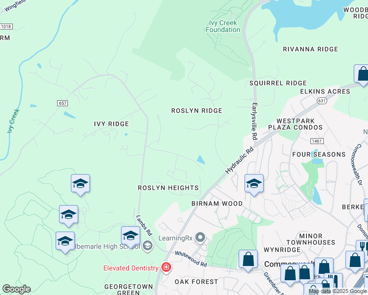 map of restaurants, bars, coffee shops, grocery stores, and more near 95 Roslyn Forest Lane in Charlottesville