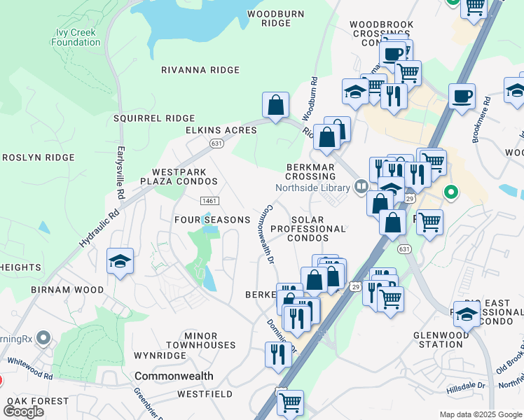 map of restaurants, bars, coffee shops, grocery stores, and more near 2617 Commonwealth Drive in Charlottesville