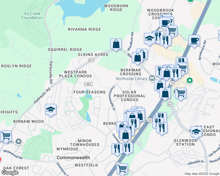 map of restaurants, bars, coffee shops, grocery stores, and more near 2617 Commonwealth Drive in Charlottesville