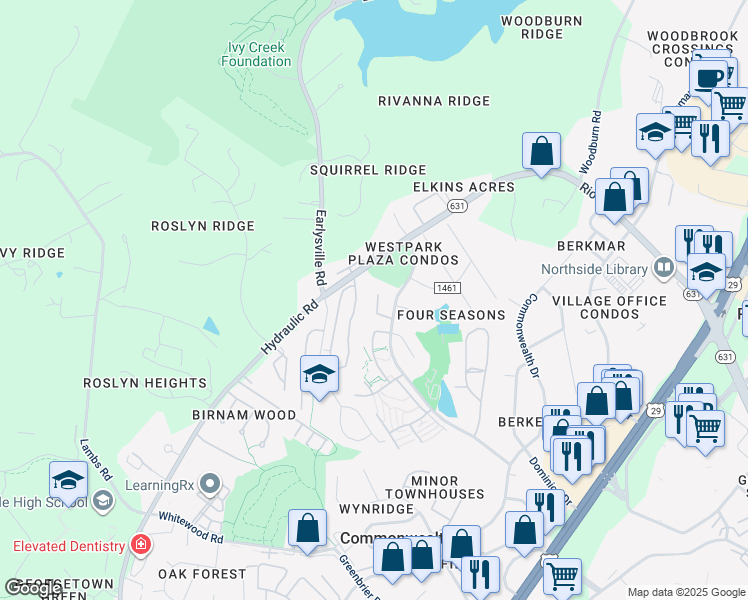 map of restaurants, bars, coffee shops, grocery stores, and more near 19 Spring Court in Charlottesville