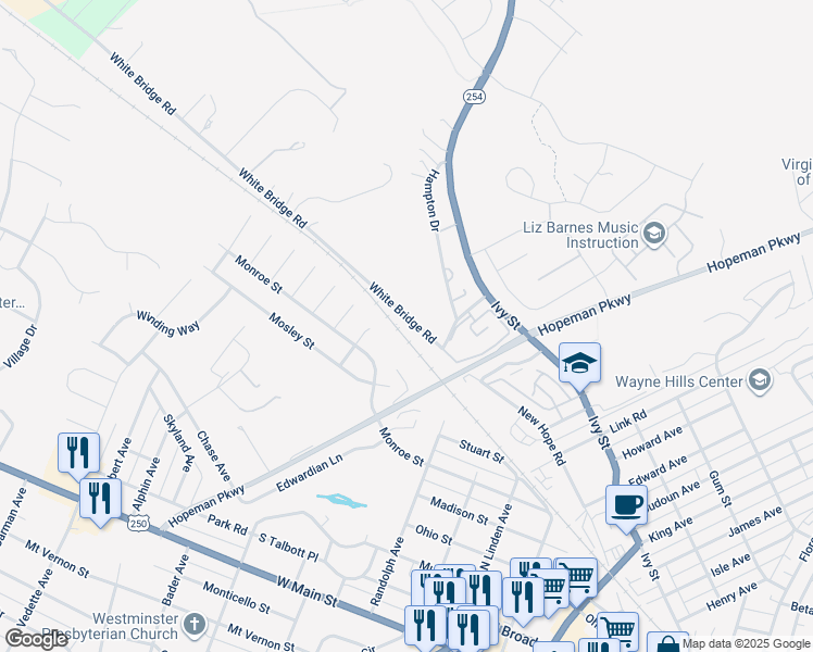 map of restaurants, bars, coffee shops, grocery stores, and more near 2010 White Bridge Road in Waynesboro