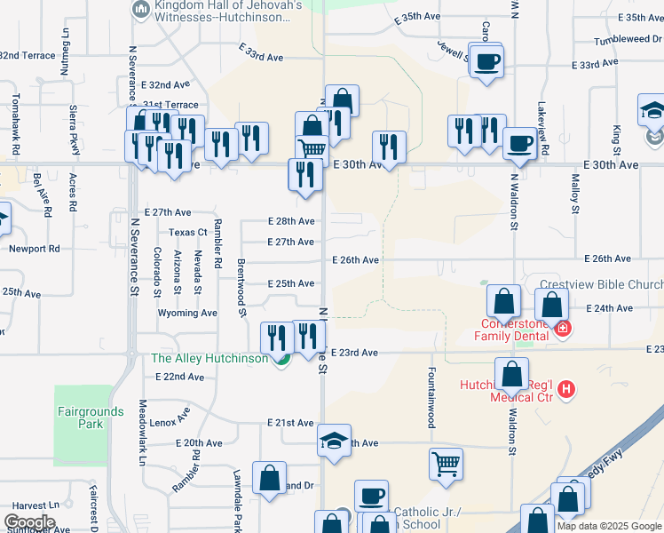 map of restaurants, bars, coffee shops, grocery stores, and more near 2518 North Lorraine Street in Hutchinson