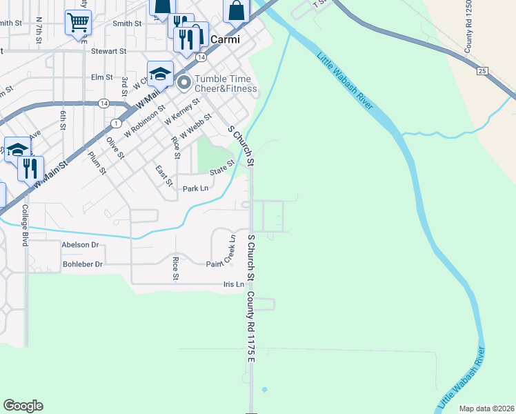 map of restaurants, bars, coffee shops, grocery stores, and more near 600 Evergreen Lane in Carmi