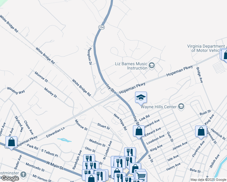 map of restaurants, bars, coffee shops, grocery stores, and more near 3000 Ivy Street in Waynesboro