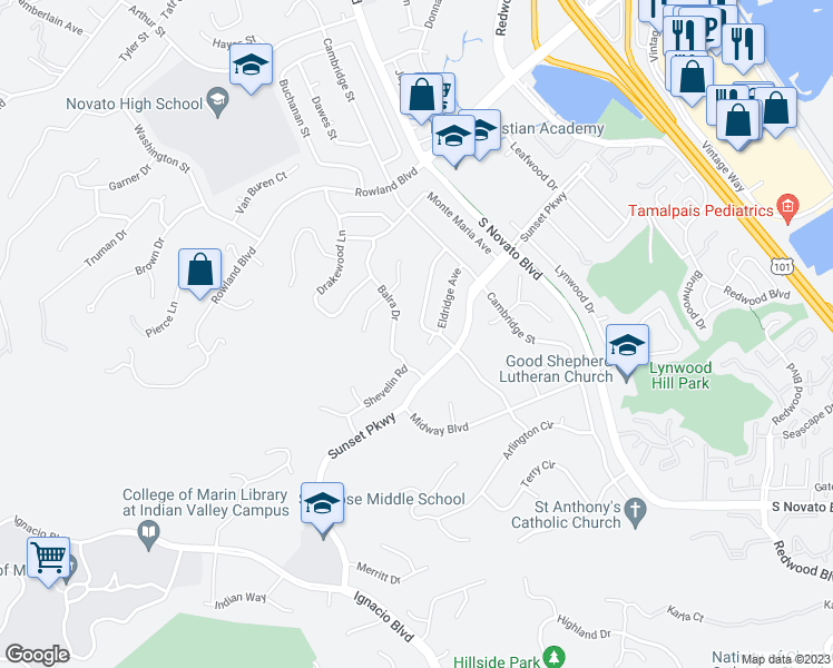 map of restaurants, bars, coffee shops, grocery stores, and more near 1325 Denlyn Street in Novato