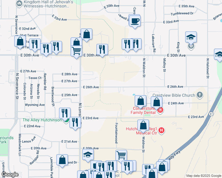 map of restaurants, bars, coffee shops, grocery stores, and more near 1515 East 26th Avenue in Hutchinson