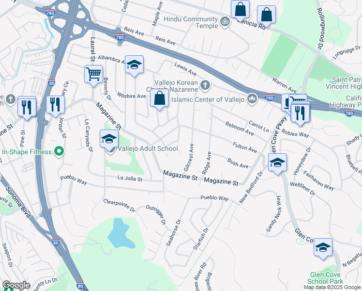 map of restaurants, bars, coffee shops, grocery stores, and more near 449 Gilcrest Avenue in Vallejo