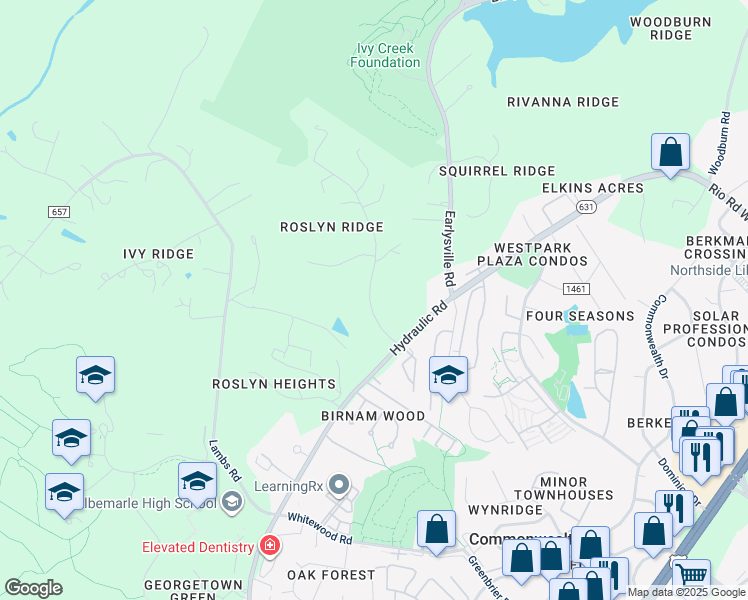 map of restaurants, bars, coffee shops, grocery stores, and more near 1685 Roslyn Ridge Road in Charlottesville