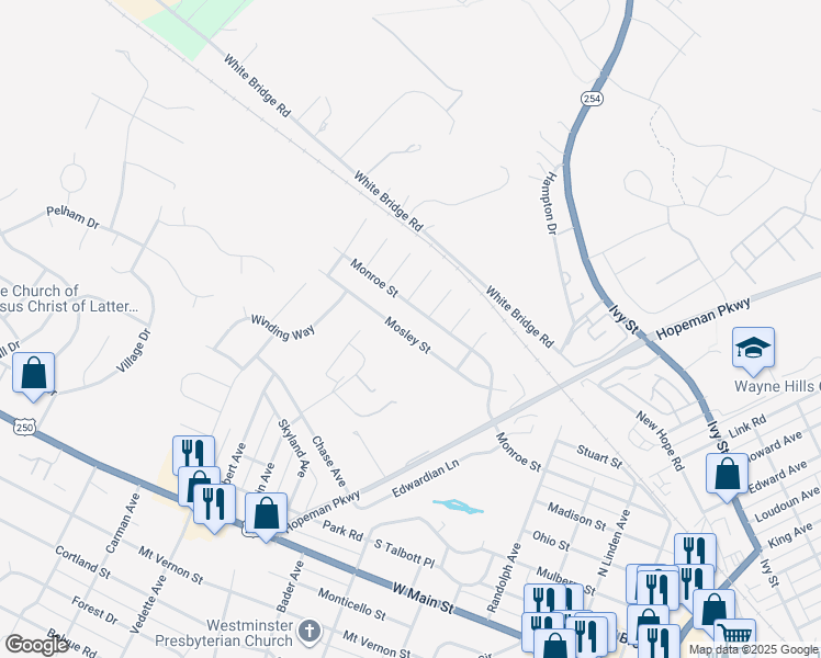 map of restaurants, bars, coffee shops, grocery stores, and more near 2228 Mosley Street in Waynesboro