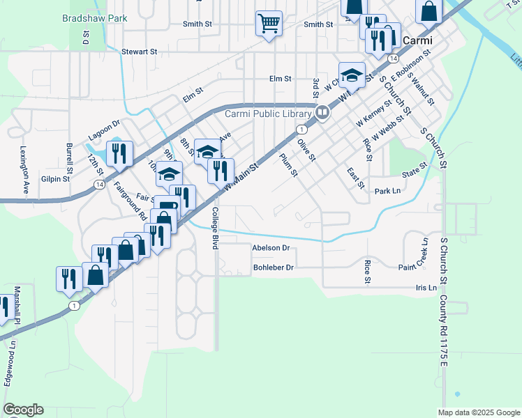 map of restaurants, bars, coffee shops, grocery stores, and more near 713 Renshaw Avenue in Carmi