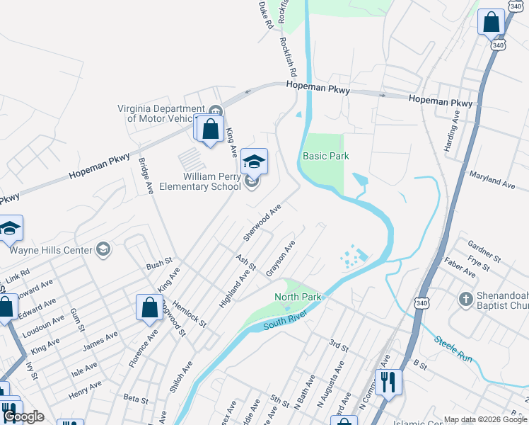 map of restaurants, bars, coffee shops, grocery stores, and more near 908 Sherwood Avenue in Waynesboro
