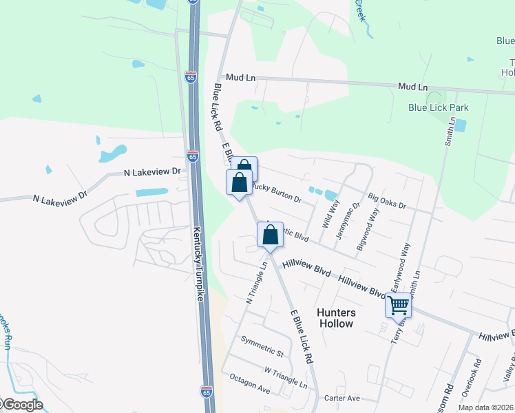 map of restaurants, bars, coffee shops, grocery stores, and more near 195 Bucky Burton Drive in Louisville