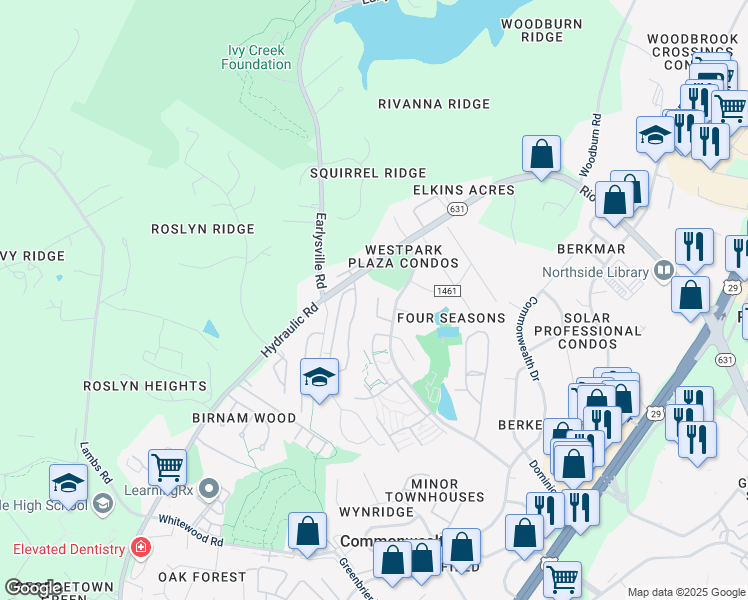map of restaurants, bars, coffee shops, grocery stores, and more near 10 Spring Court in Charlottesville