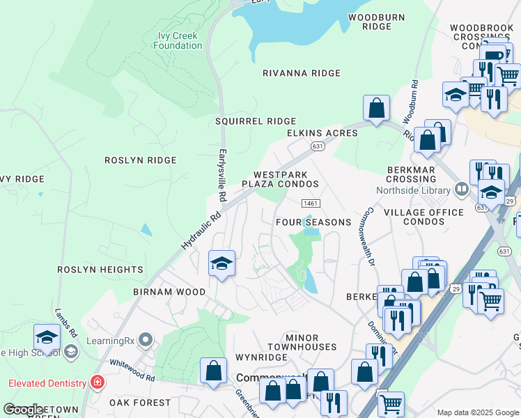 map of restaurants, bars, coffee shops, grocery stores, and more near 301-329 Rio Road West in Charlottesville