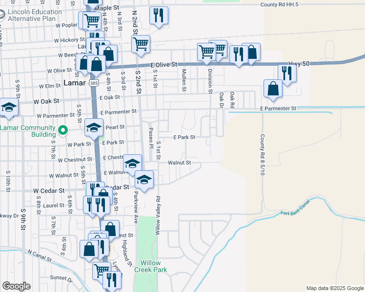 map of restaurants, bars, coffee shops, grocery stores, and more near 704 Mullen Street in Lamar