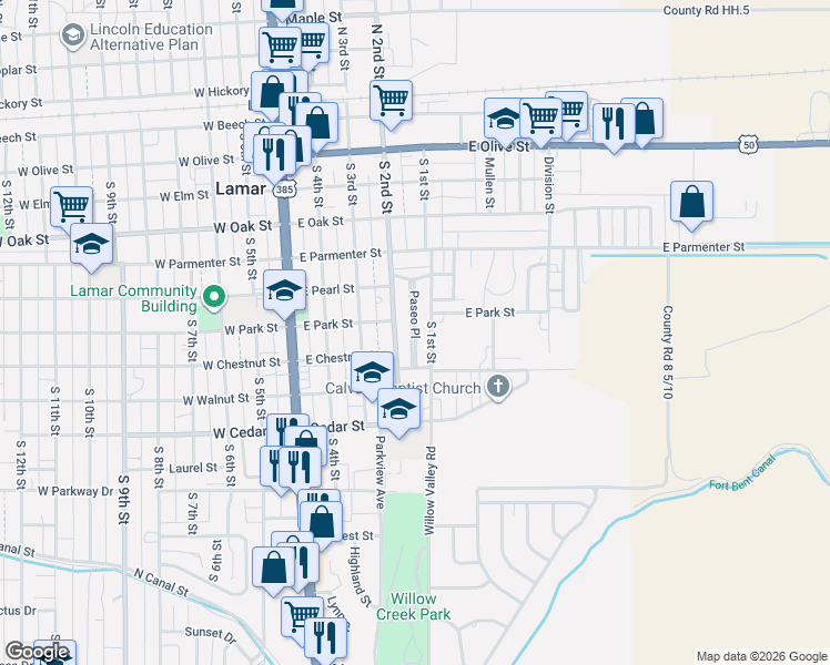 map of restaurants, bars, coffee shops, grocery stores, and more near 43 Paseo Place in Lamar