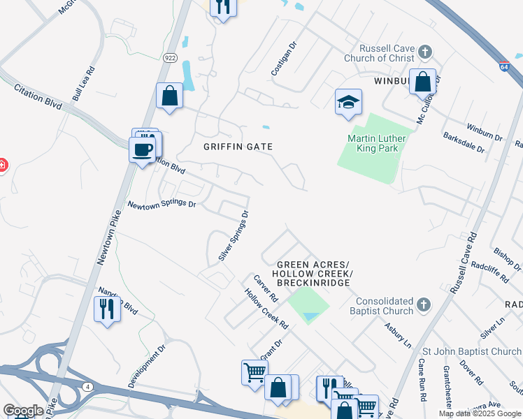 map of restaurants, bars, coffee shops, grocery stores, and more near 1376 Silver Springs Drive in Lexington