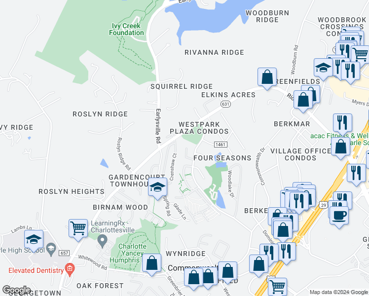 map of restaurants, bars, coffee shops, grocery stores, and more near 301-329 Rio Road West in Charlottesville