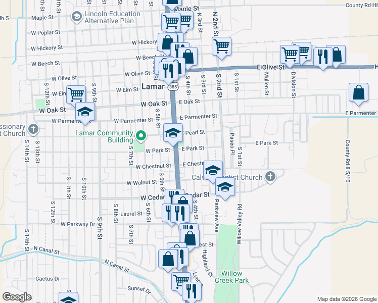 map of restaurants, bars, coffee shops, grocery stores, and more near 600-698 S 4th St in Lamar