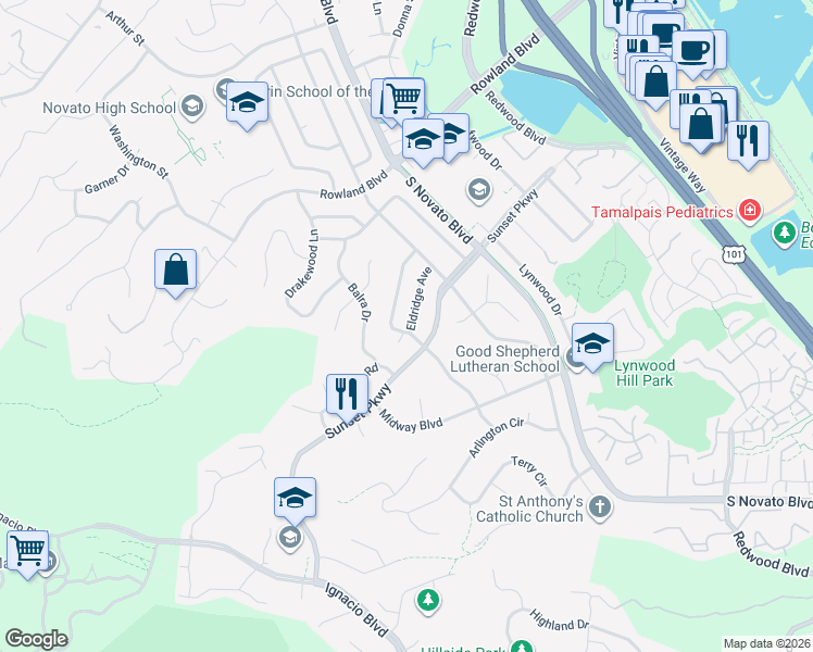 map of restaurants, bars, coffee shops, grocery stores, and more near 590 Eldridge Avenue in Novato