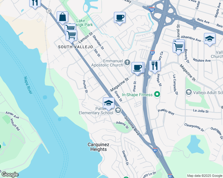 map of restaurants, bars, coffee shops, grocery stores, and more near 942 Grant Street in Vallejo