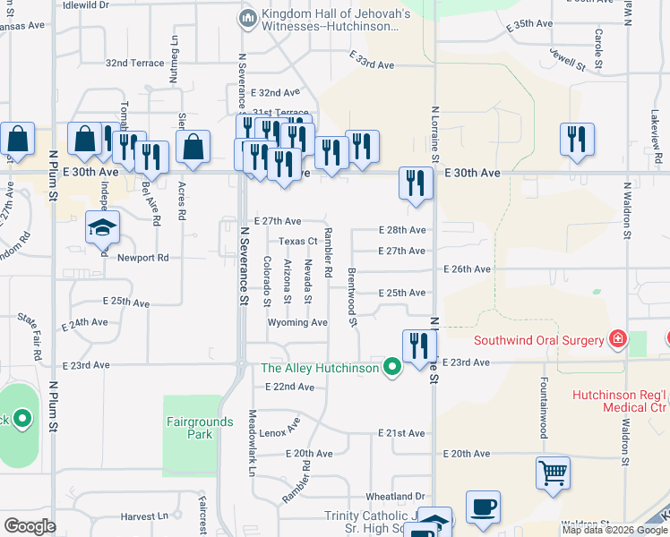 map of restaurants, bars, coffee shops, grocery stores, and more near 2607 Brentwood Street in Hutchinson