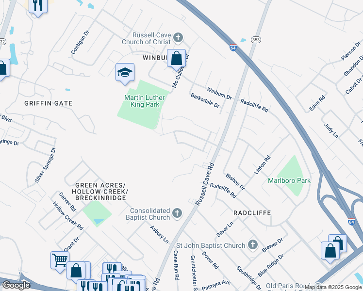 map of restaurants, bars, coffee shops, grocery stores, and more near 1713 Millbank Road in Lexington